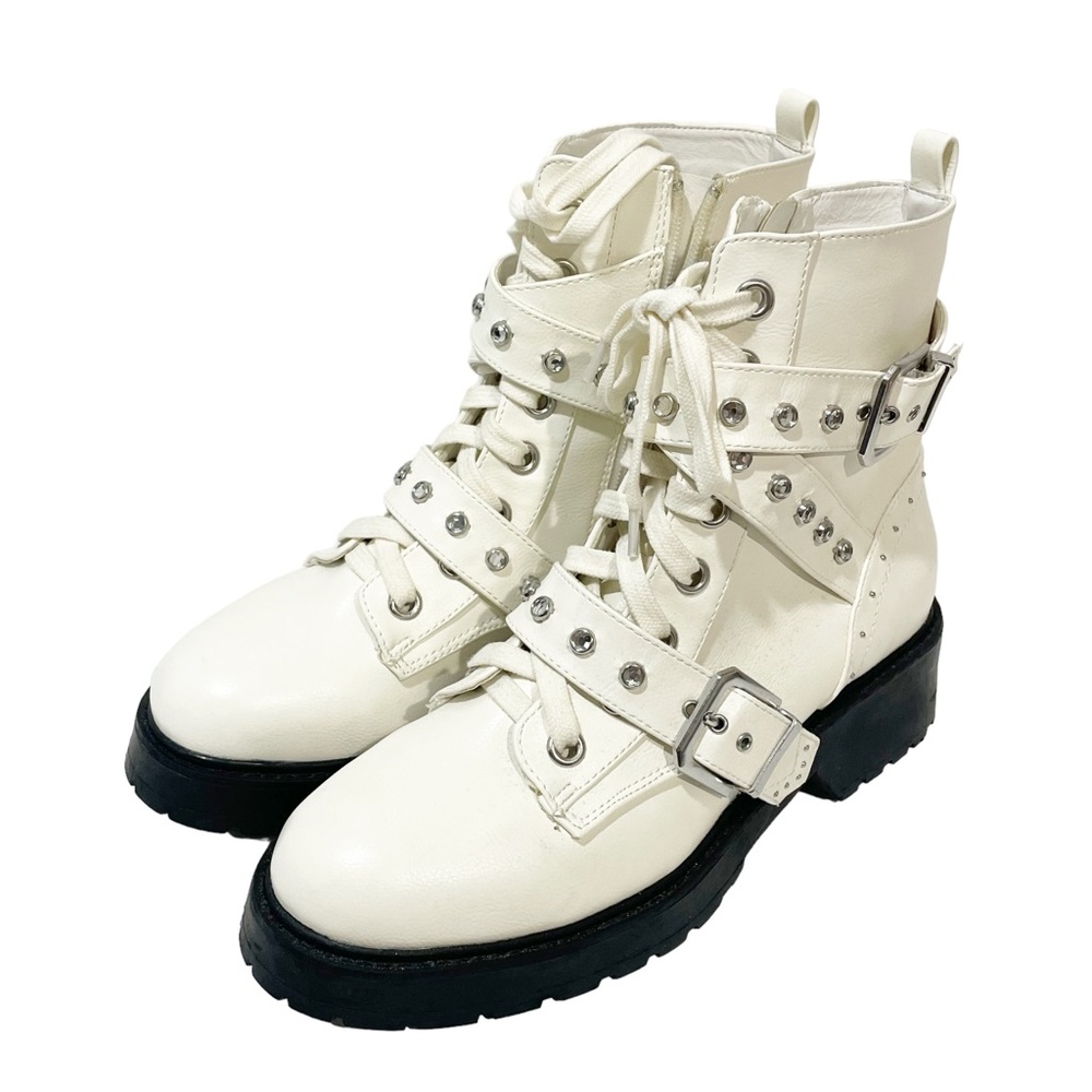 XOXO‎ BOOTS WOMENS 8.5 WHITE SILVER GREGOR MOTO ANKLE LUG SOLE STUDDED BOOT